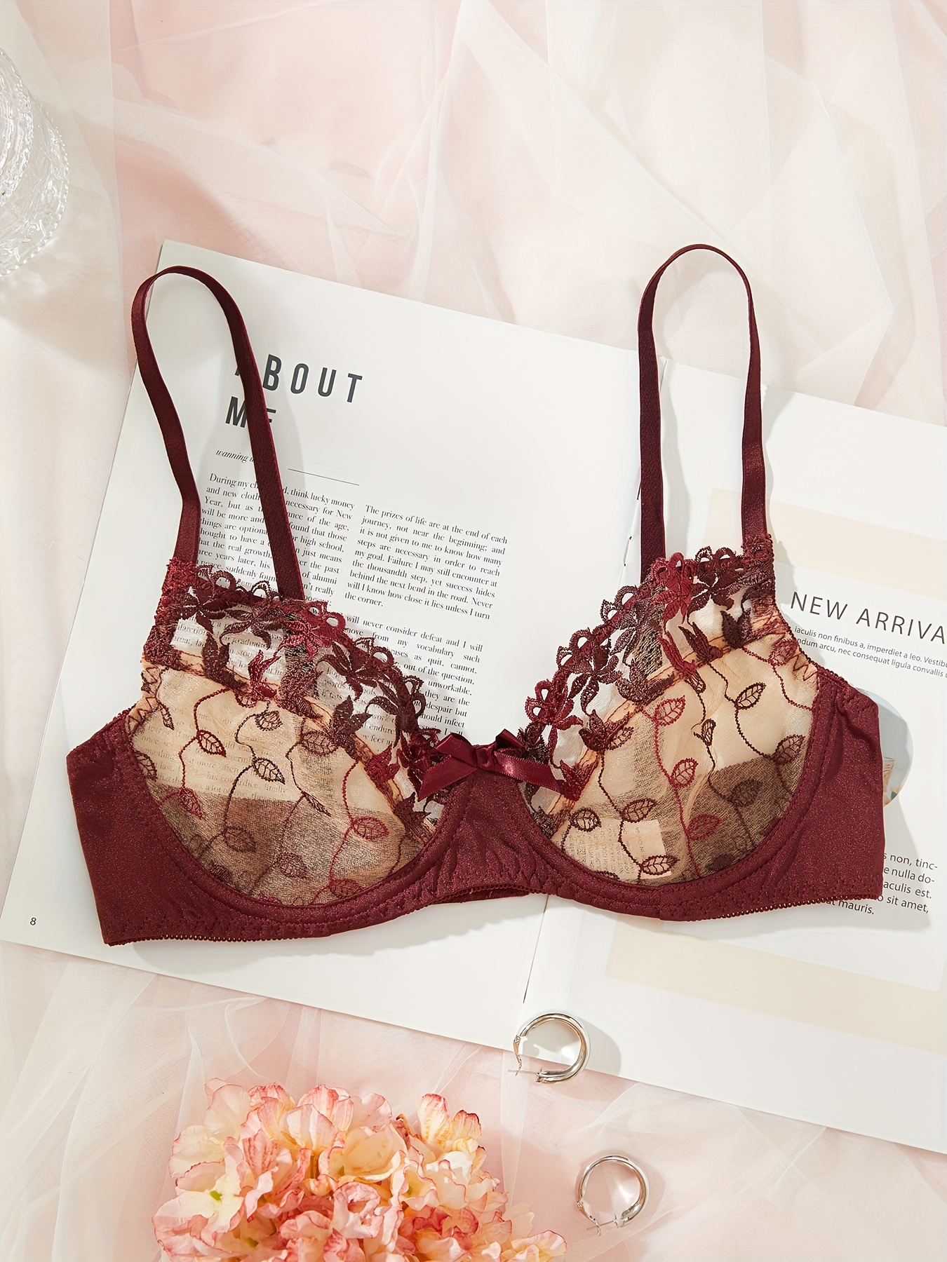 Sexy Floral Embroidery Sheer Bra Panty Set Women's Lingerie - Temu