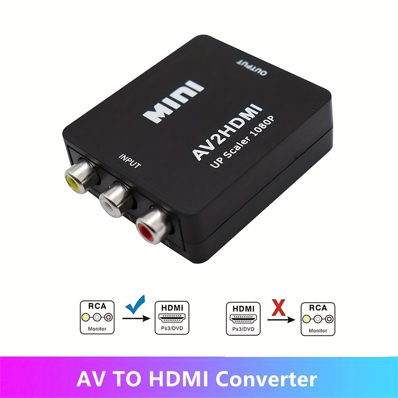 Convertidor RCA a HDMI Convertidor AV a HDMI Adaptador compuesto a HDMI  Soporte 1080P/ 720P Compatible con N64, PS one, PS2, PS3, STB, Xbox, VHS,  VCR