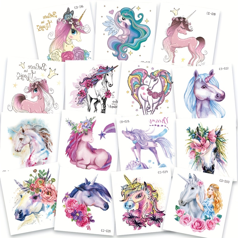 Tatuajes temporales de unicornio, decoraciones de cumpleaños, suministros  de fiesta, 78 piezas de tatuajes mágicos de unicornio arco iris, regalos