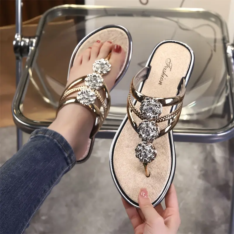 womens flower rhinestone flip flops fashion clip toe summer flat slide shoes casual outdoor beach slides details 3