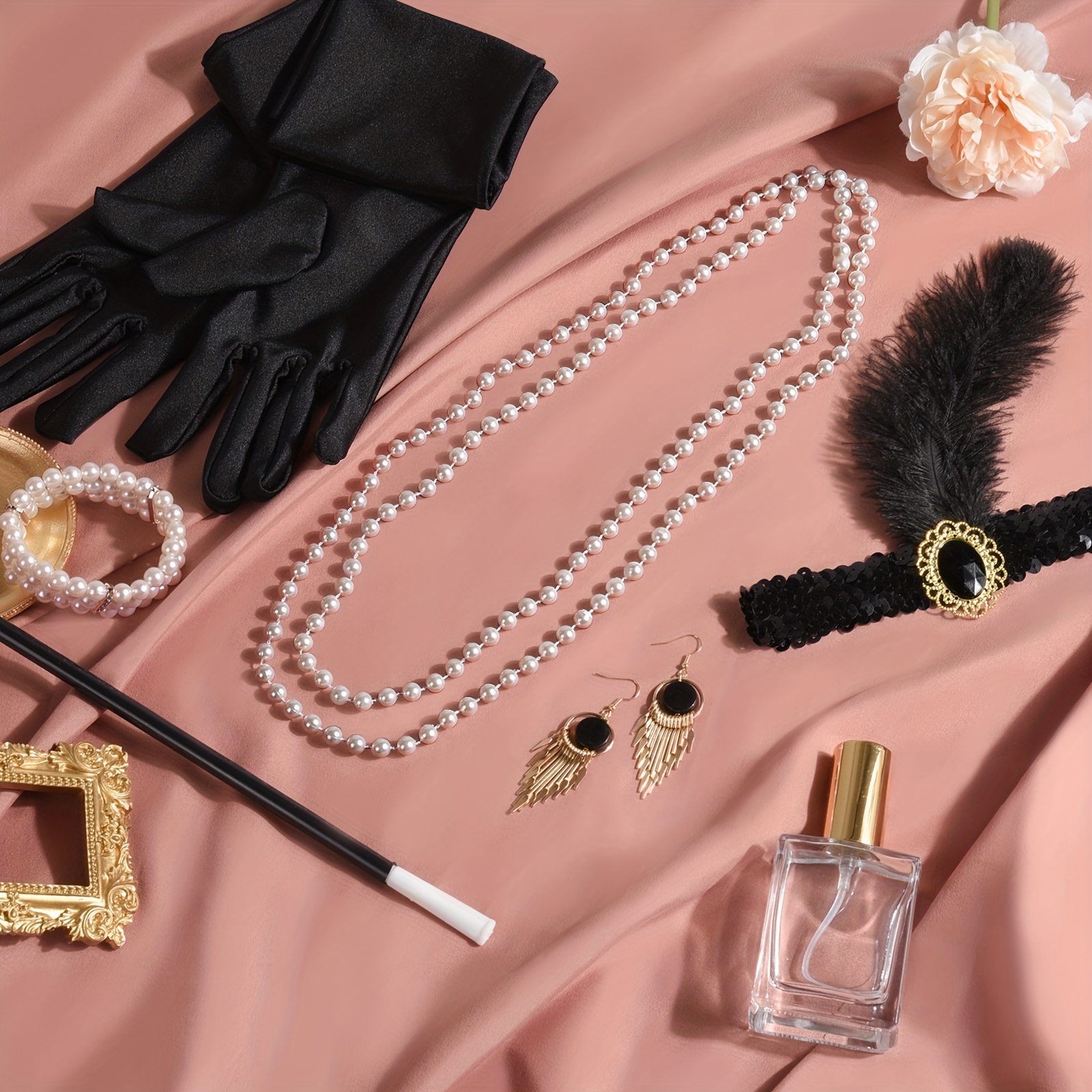 Meiruier Ensemble d'accessoires de style années 1920 - Bandeau,  fume-cigarette, gants longs, collier de perles - Inspiré de Gatsby le  Magnifique 