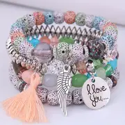 4pcs set disc love wings tassel volcano stone beads bracelet pink multicolor beads retro bohemian holiday gift for girls details 0