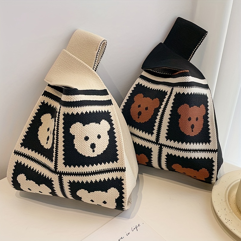 

Cute Bear Pattern Crochet Bag, Cartoon Knitted Handbag, Women's Knotted Wrist Bag