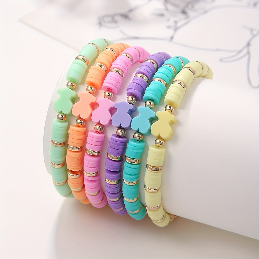 6pcs/set Bohemian Style Bracelet Colorful Polymer Clay Bear Charm Women's Bracelet String Set,Temu