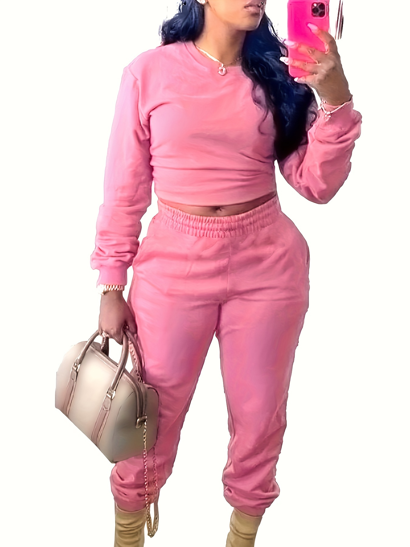 YWDJ Two Piece Outfits for Women Classy Women Plus Size Solid Short Sleeve  O Neck Bandage Pullover Leisure Tops + Long Pants Set Pink XXXXL 