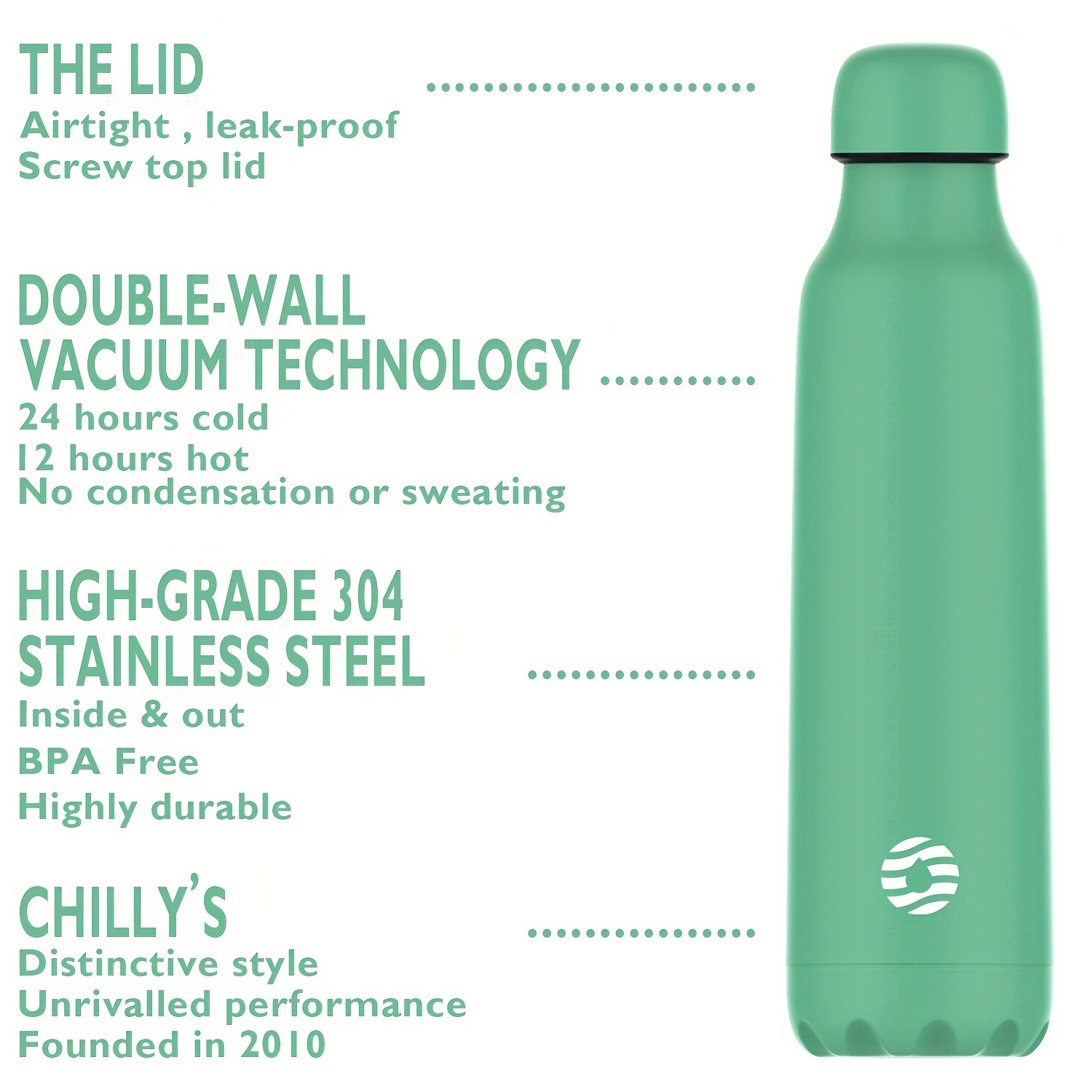 Botellas Chilly’s | Estanqueidad, sin fugas | Acero inoxidable sin BPA  |Doble pared al vacío | Mantiene las bebidas frías por más de 24 horas, las
