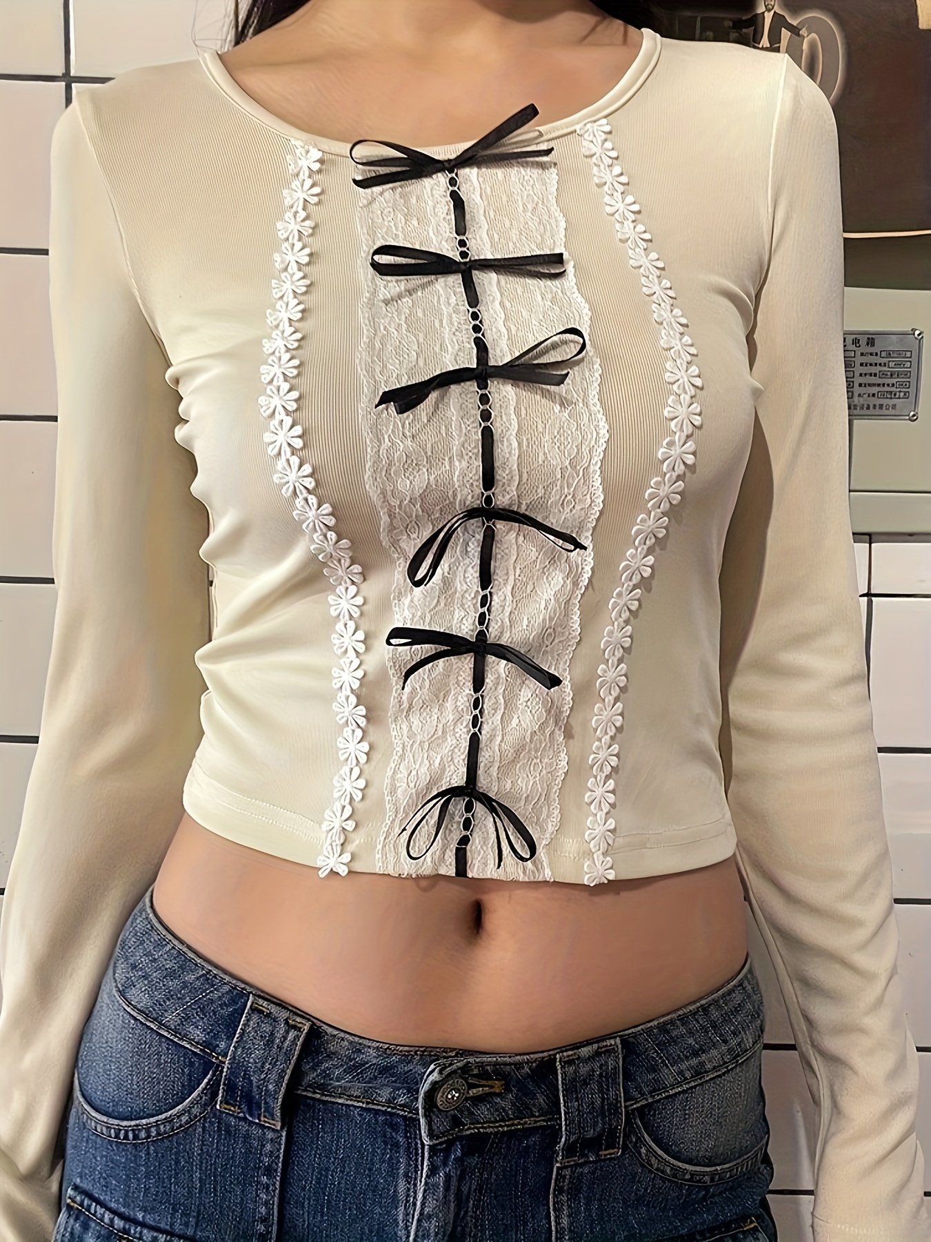 Bow & Flower Decor Crop Top, Y2K Long Sleeve Crew Neck Top For Spring &  Fall, Women's Clothing For Cute/Coquette Style
