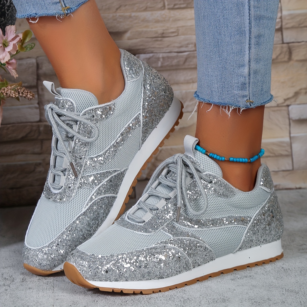 Solid Color Sequins Sneakers, Women's Glitter Decor Stylish Lace Up Lightweight Sport Sneakers,Women Tennis Shoes,Temu