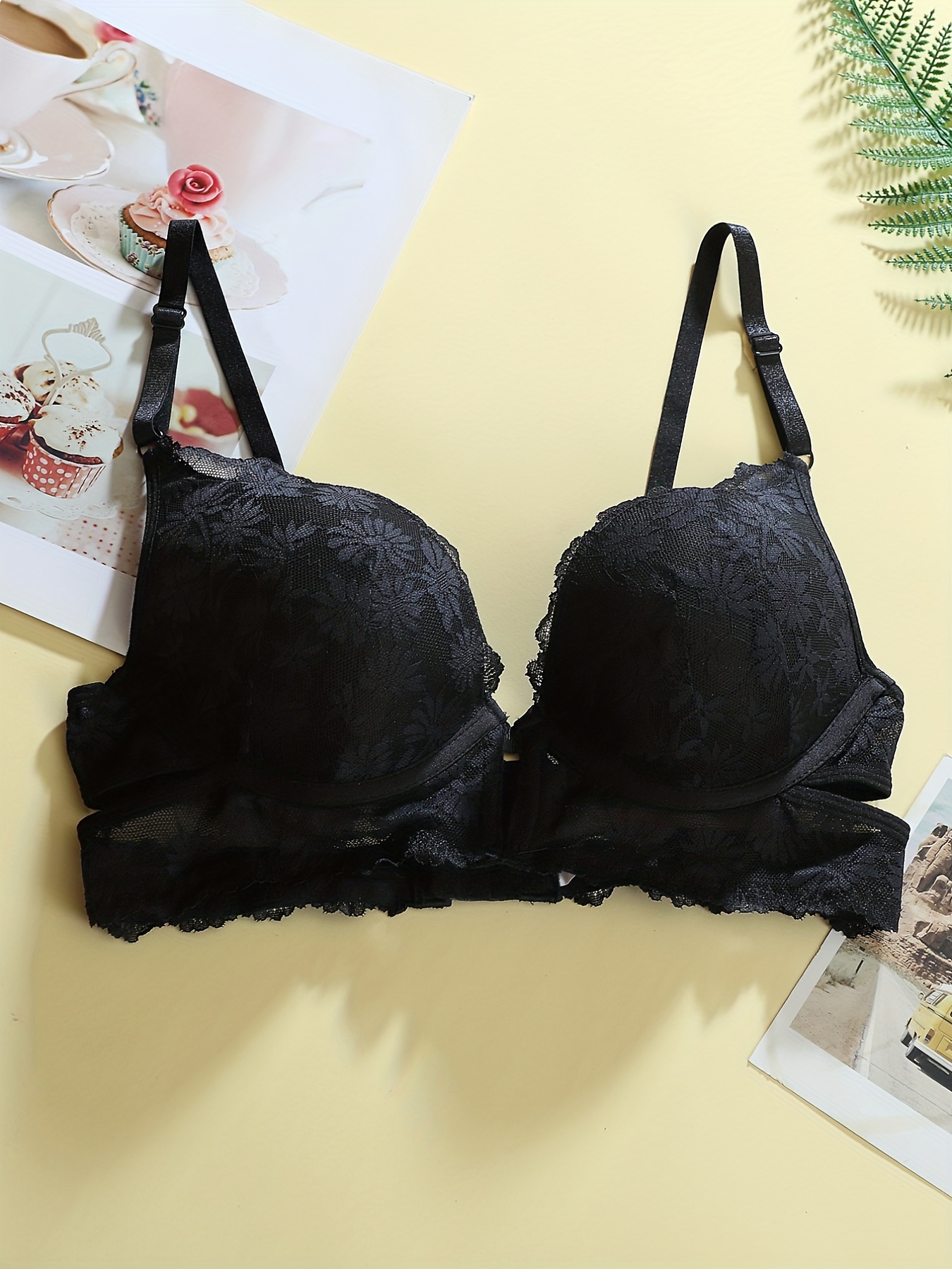 Contrast Lace Plunge Bra, Comfy & Breathable Push Up Bra, Women's Lingerie  & Underwear