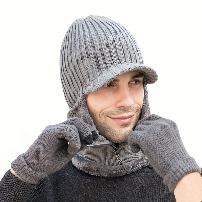 Acheter Chapeau tricoté avec fermeture éclair pour homme, nouvelle  collection d'hiver, doublé de fourrure, à bord chaud, pour garder le visage  et les oreilles au chaud, cagoule, casquette de Ski
