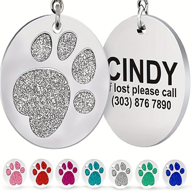 Glitter Paw Print Pet ID Tags in Stainless Steel