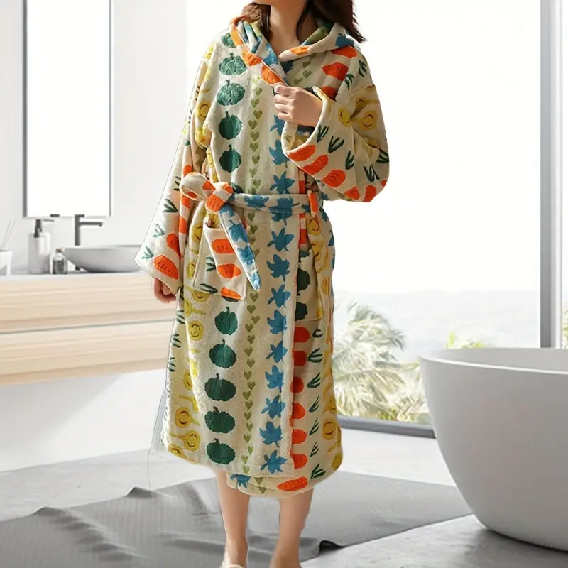 Vegetable Pattern Luxury Hooded Bathrobe Long Sleeve Long - Temu