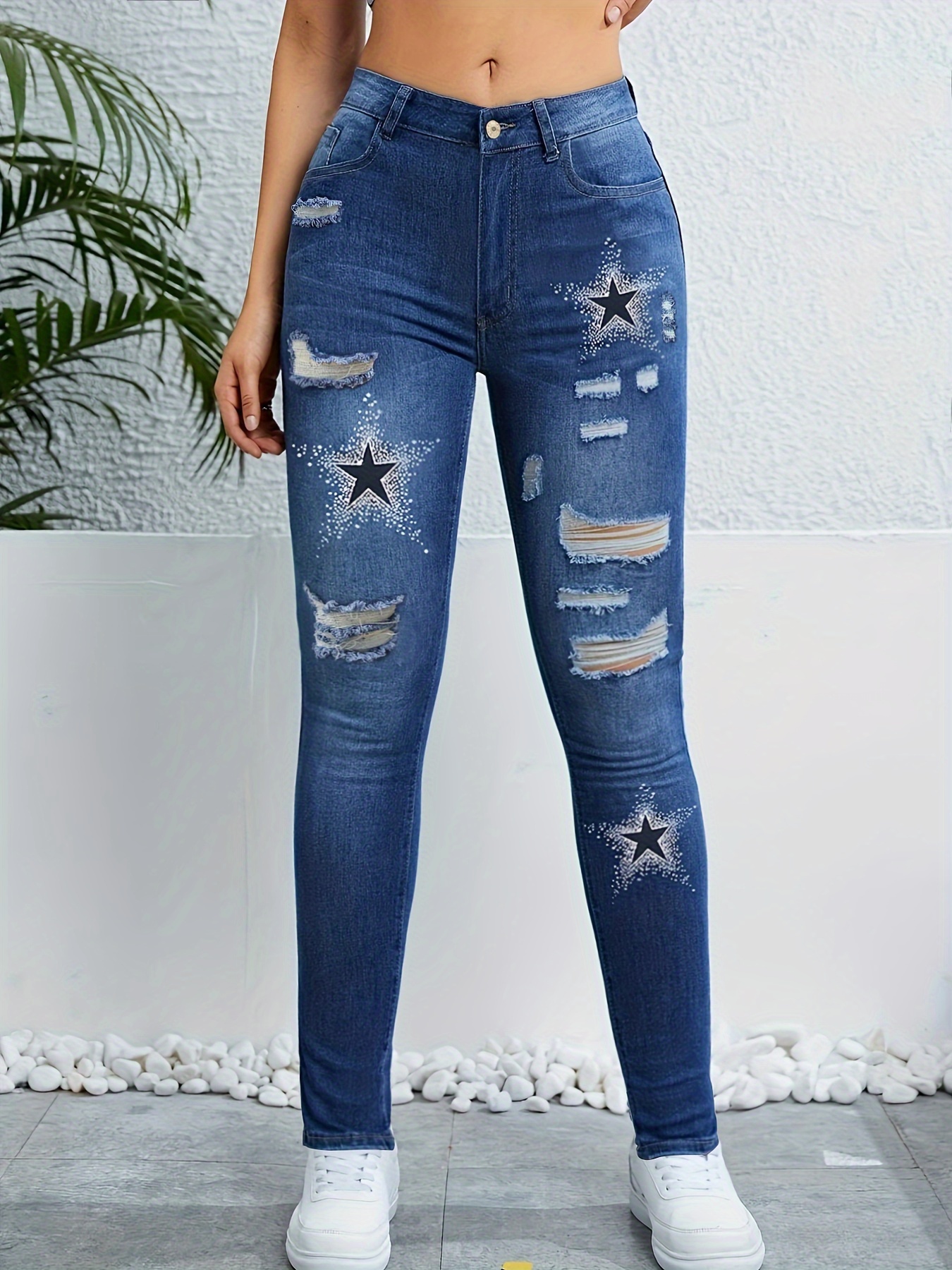 Blue Ripped Holes Skinny Jeans, Star Pattern Slim Fit Distressed Versatile  Denim Pants, Women's Denim Jeans & Clothing