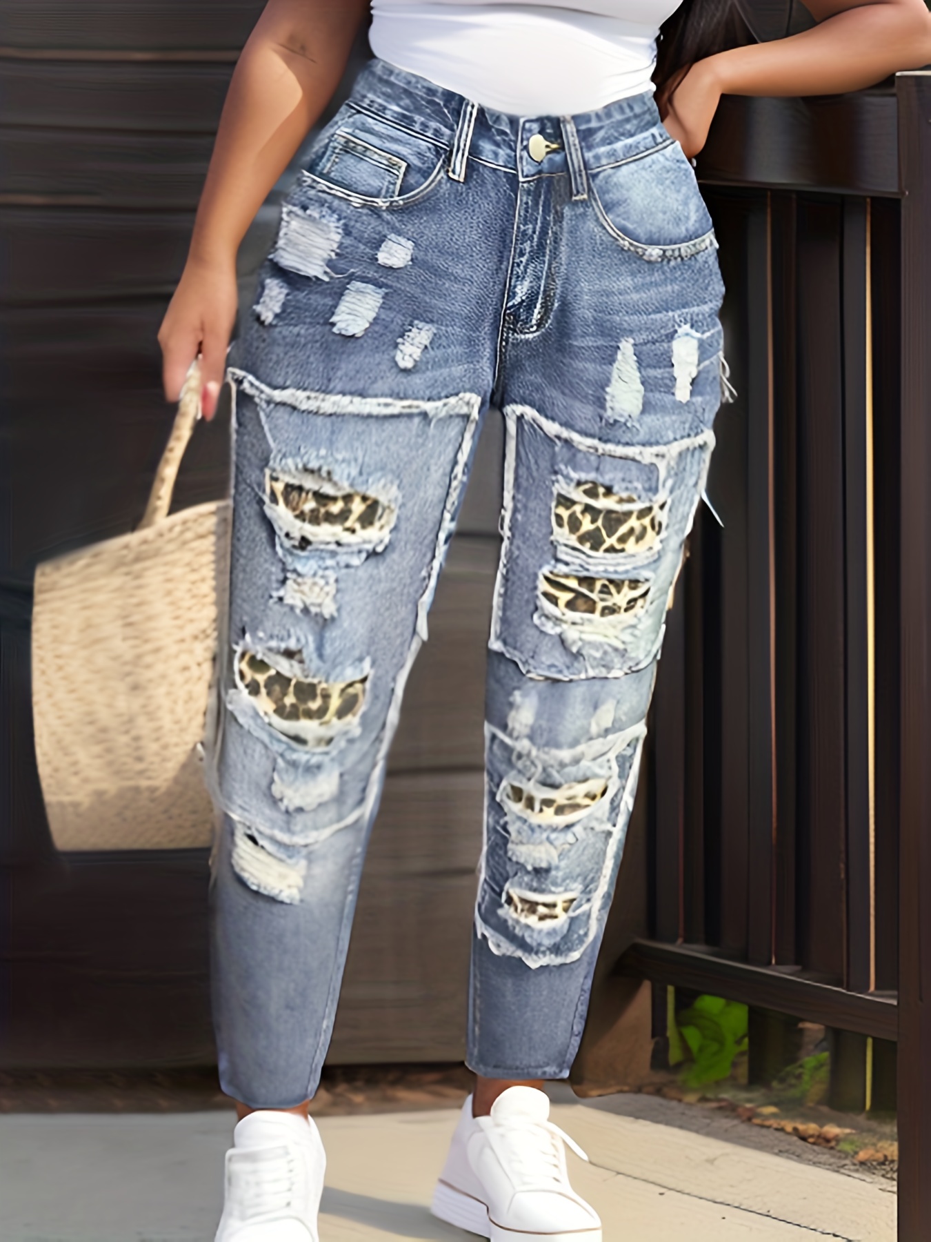 Leopard Print * Ripped Denim Pants, Distressed Frayed Seam Light Washed  Blue Causal Jeans, Women's Denim Jeans & Clothing