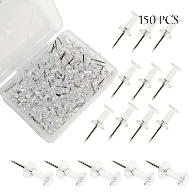 150 Boxed Push Pin, Clear Plastic Head Steel Point Pins For Thumbnail Wall  Corkboards Map Calendar Photo Hanging - Home, Office And Craft Projects!