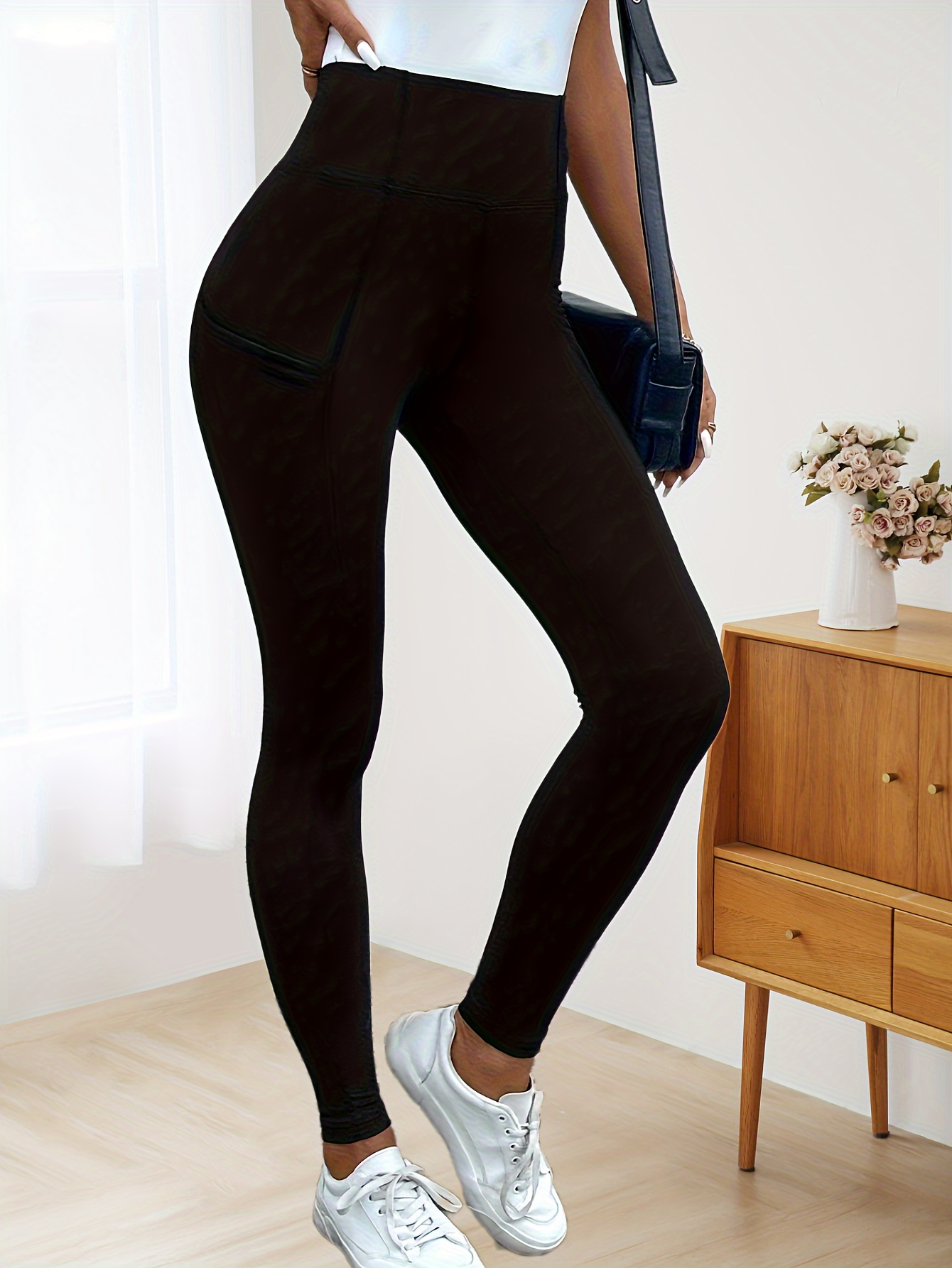 Solid Textured High Waist Skinny Leggings Casual Every Day - Temu Canada