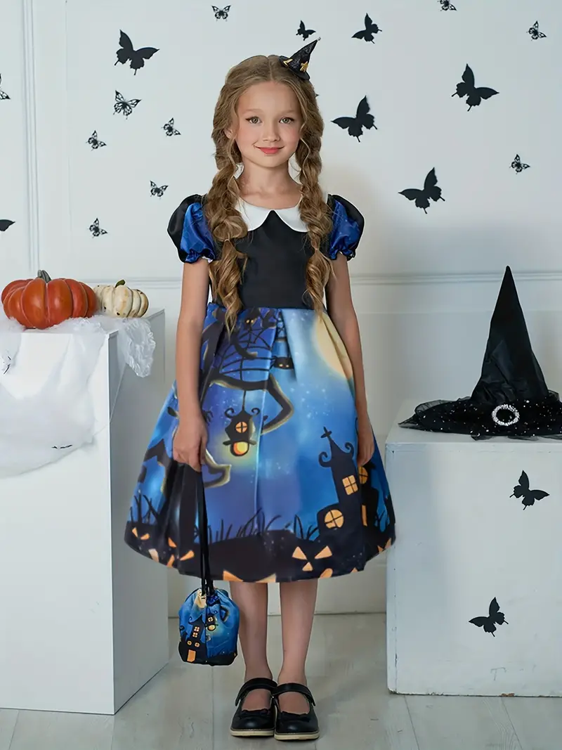 Girl's Halloween Dress Up Costume & Accessories, Cartoon Pattern Print A Line Dress, Character Cosplay Outfit, Kids Clothes for Halloween Holiday