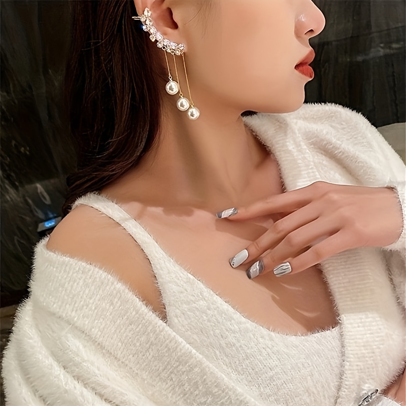 elegant tassel rhinestone dangle earrings with imitation pearls zinc alloy drop earrings with stainless steel posts japanese and south   jewelry for daily wear details 4