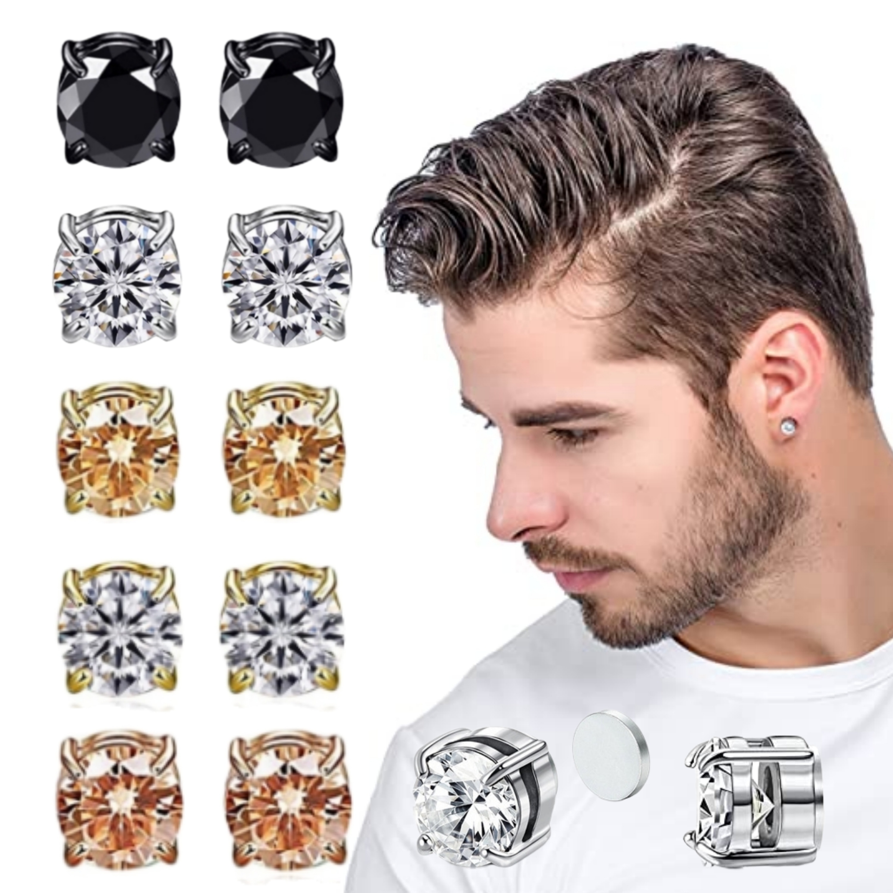 6 Pairs Clip on Earrings for Men Boys Stainless Steel Magnetic Stud Earrings Dangle Cross Non Pierced Earrings Set,one-size