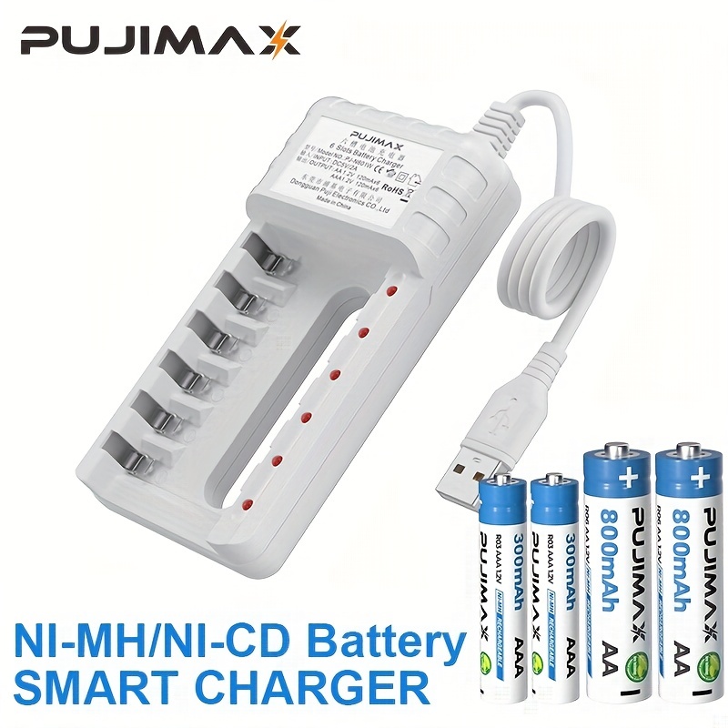 

1pc, Pujimax Aa/aaa Intelligent 6 Slots Battery Charger Usb Plug For Aa/aaa 1.2v Ni-mh Ni-cd Rechargeable Batteries Charging Station