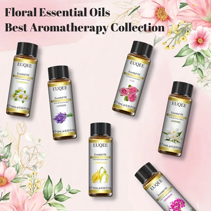 1pc euqee floral essential oils set natural pure aromatherapy therapeutic grade essential oil for diffuser for home lavender rose ylang ylang jasmine geranium chamomile 6 x 10ml details 0