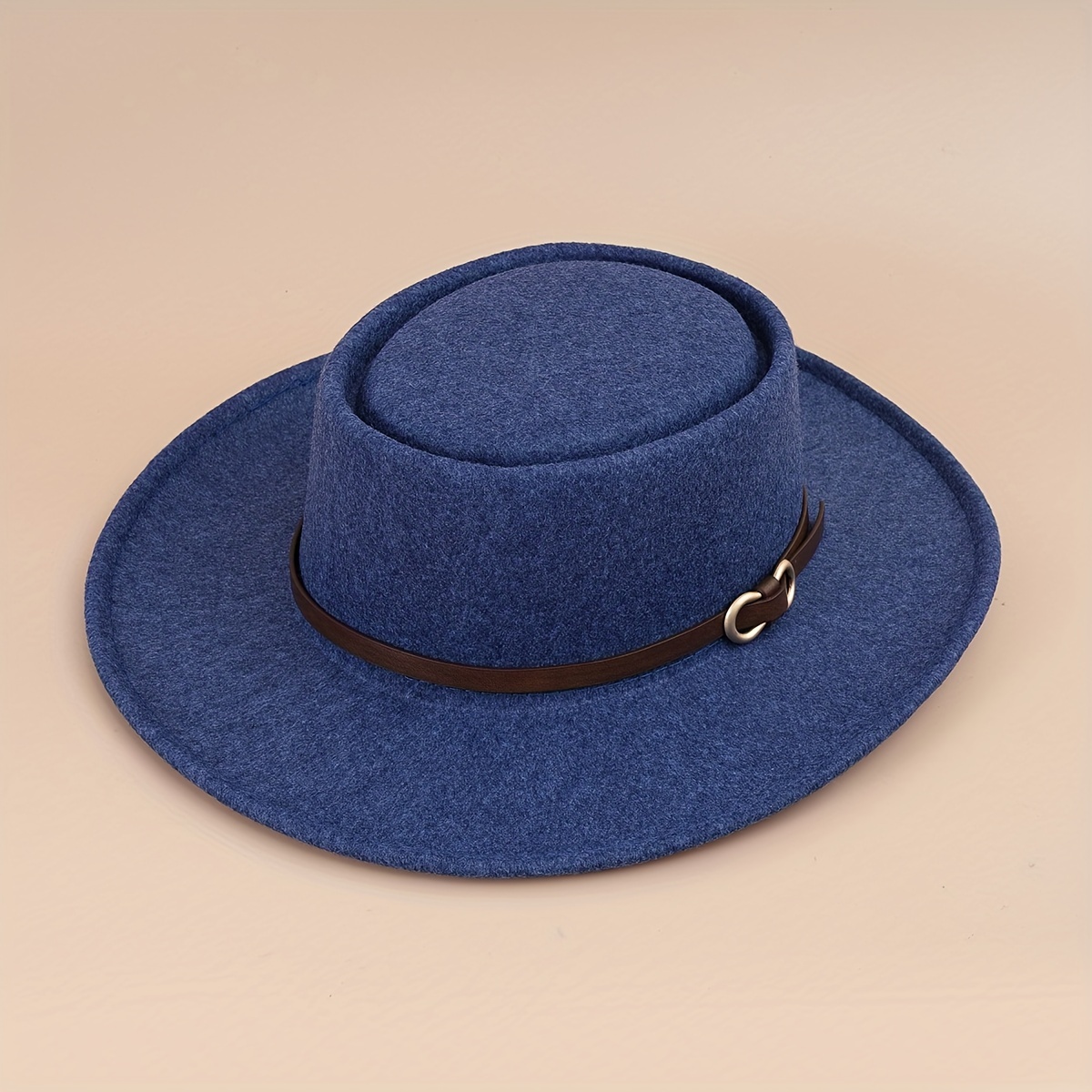 Buckle Flat Top Hat Wide Brim Sunshade Woolen Jazz Hat