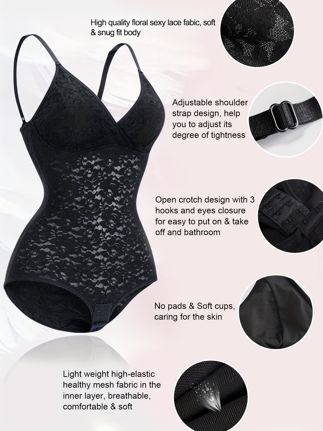 Lace Layered Centre Core Bodysuit, Black Tummy Control Shapewear, Women's  Activewear