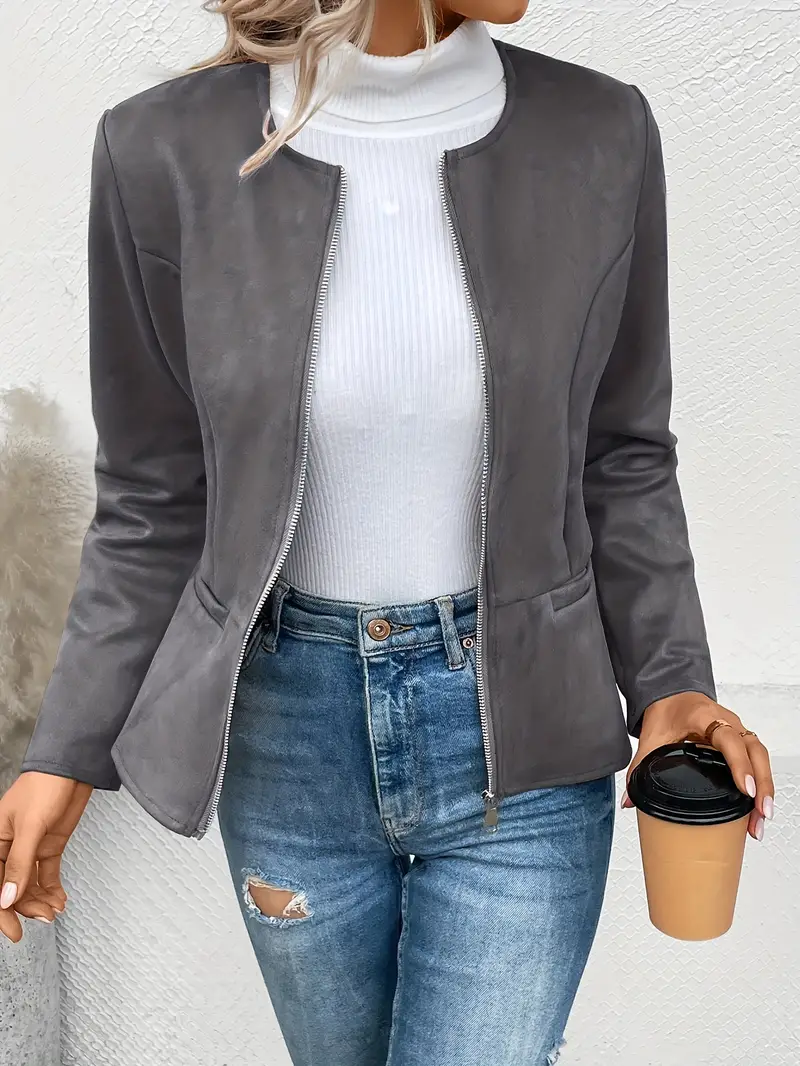 plus size elegant jacket womens plus solid long sleeve zip up round neck jacket details 26