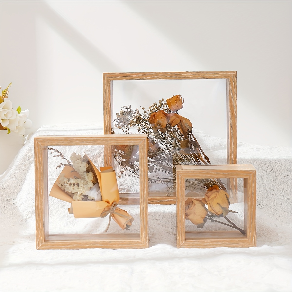 Clear Frame Wood Dried Flower Display Stand Shadow Box Frame for Table Wall  Home