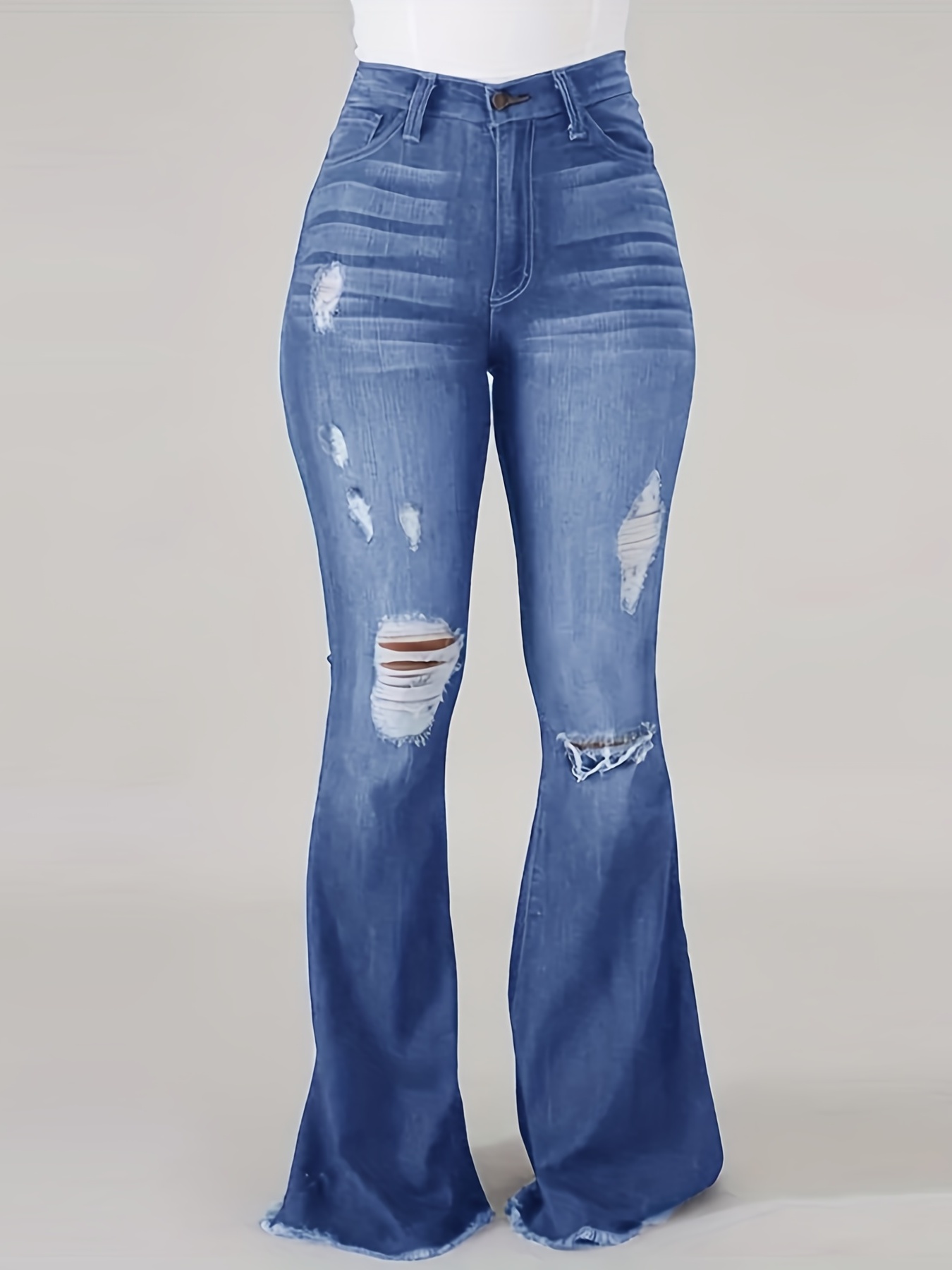 Blue High Waist Flare Jeans Ripped Holes Trim Washed - Temu