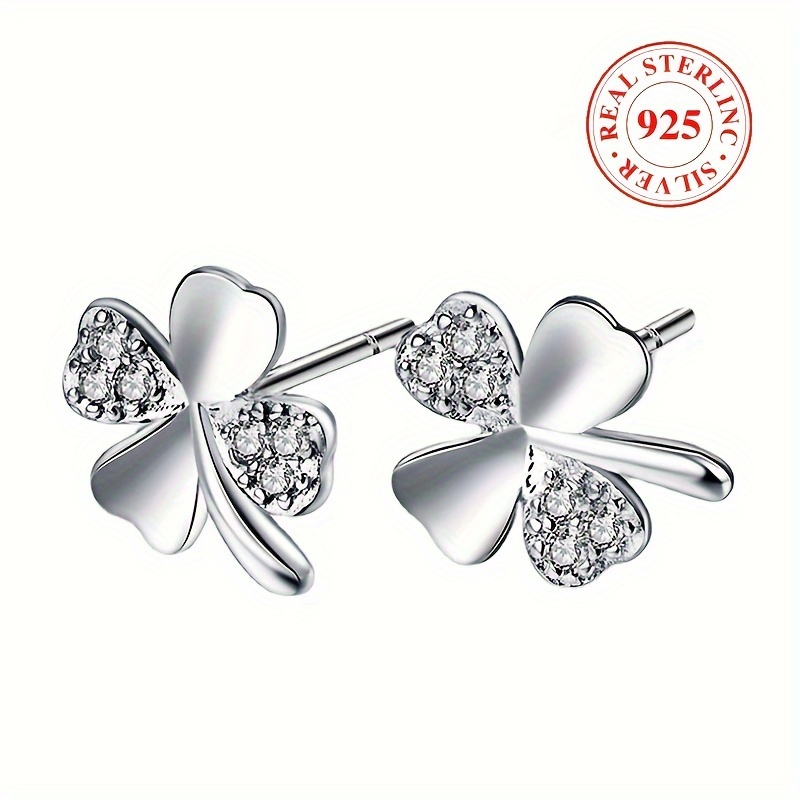 

Delicate 925 Sterling Silver Hypoallergenic Stud Earrings With Lucky Leaf Clover Design Elegant Luxury Style Female Earrings