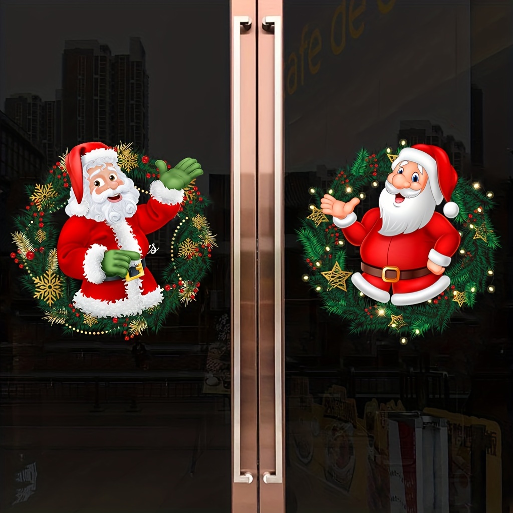 

2pcs Christmas Glass Window Sticker, Santa Claus Pattern Window Clings Stickers, Bedroom Living Room Home Shopping Mall Decoration Stickers, Removable Stickers