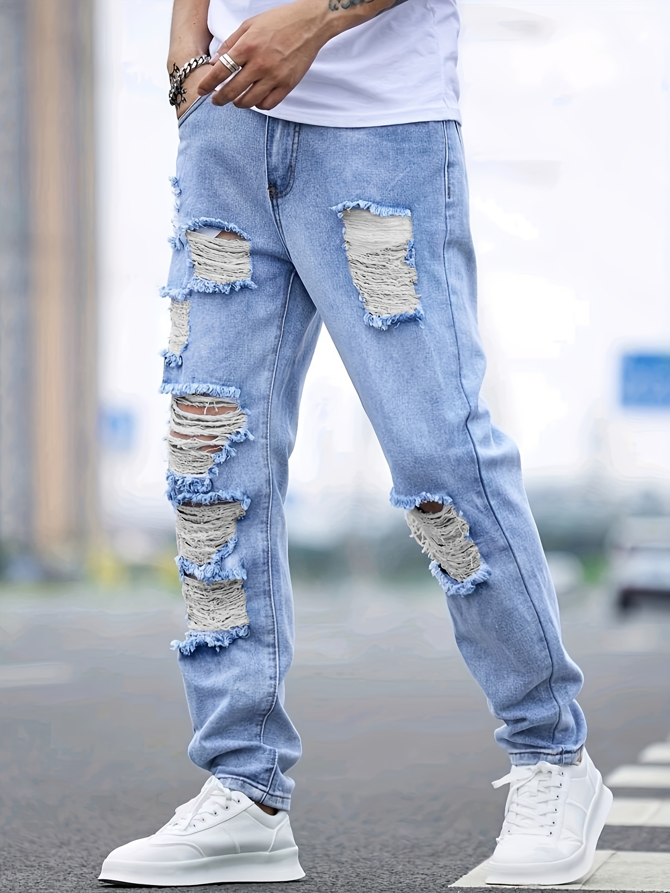 Chic Ripped Straight Leg Jeans, Men's Casual Street Style Distressed Denim  Pants