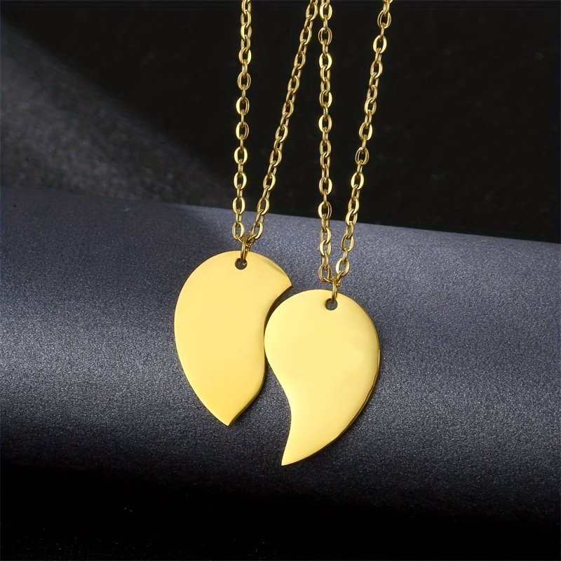2pcs Heart Pendants Necklaces Women Men Stainless Steel Gold Plated Love  Couple