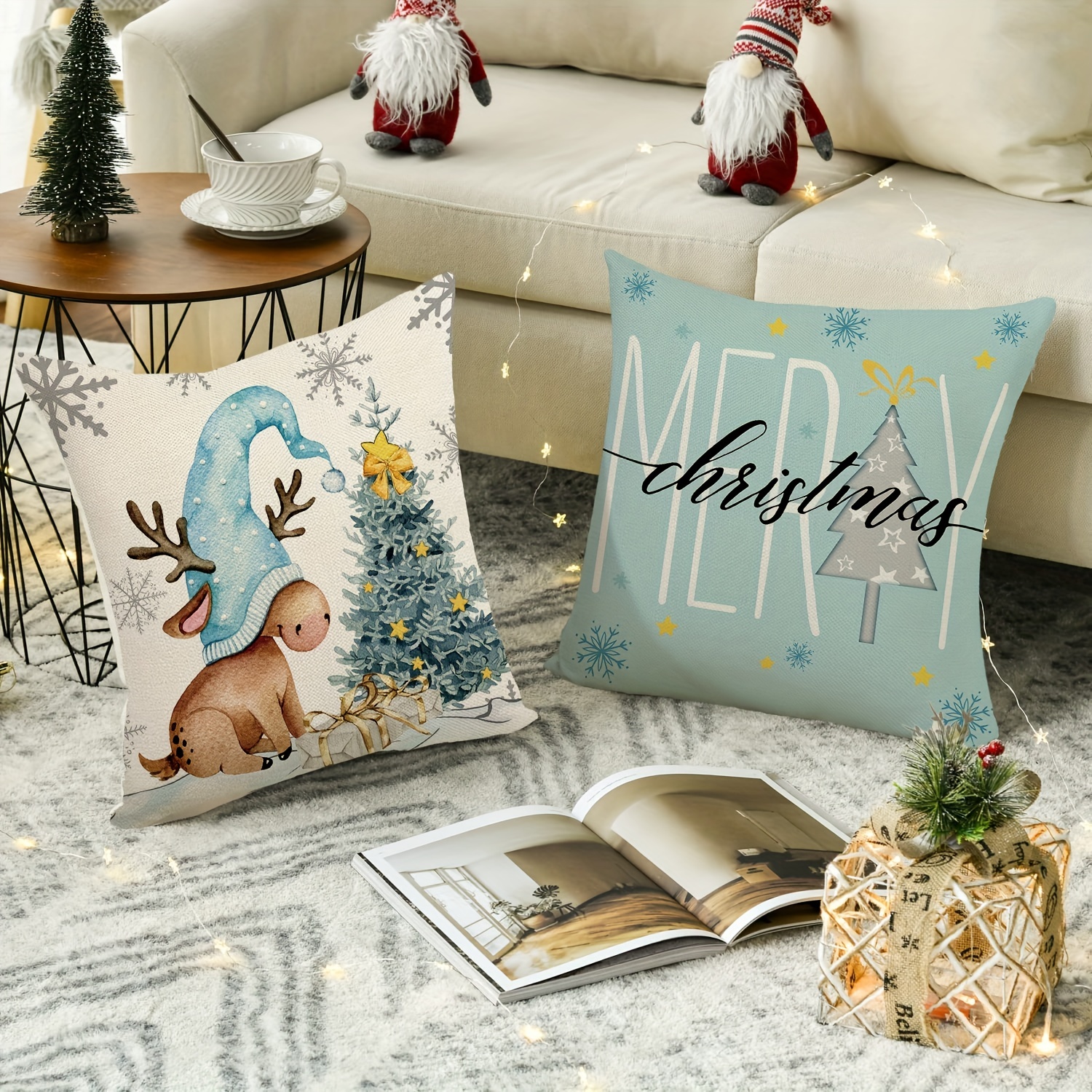 1/4PCS Merry Christmas Throw Pillow Covers Deer Snowflakes Snowman  Decorative Pillow Covers for Sofa Couch Bed and Car Throw Pillow Covers 