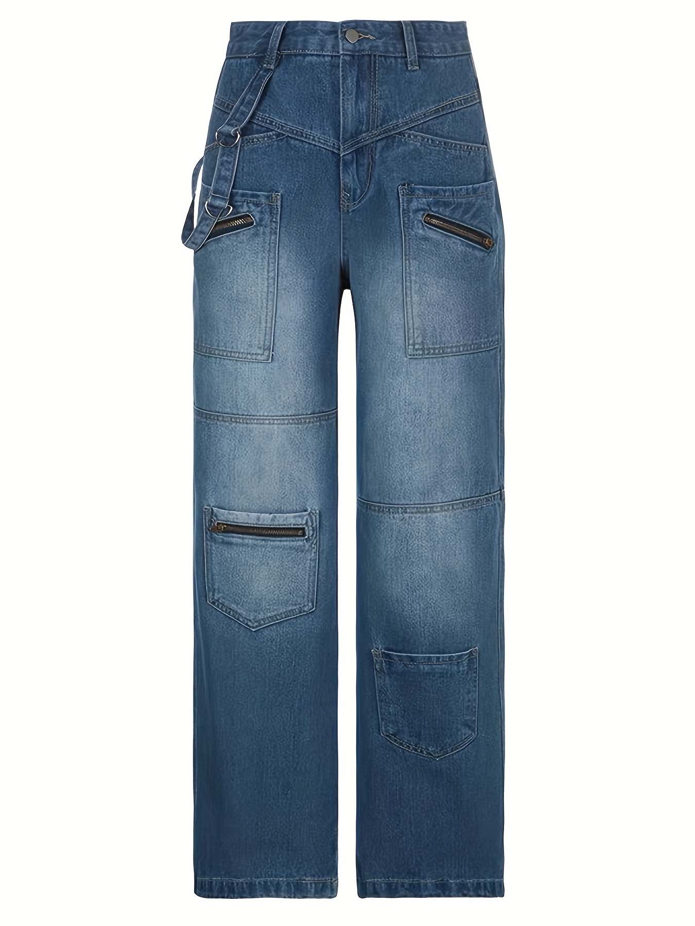 Zipper Multi Pocket Baggy Wide Leg Jeans Loose Street Style - Temu
