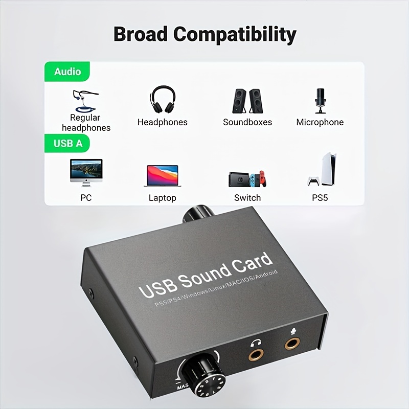 USB to 3.5mm Audio Jack Adapter, External Sound Card Converter Compatible  with Headset, PC, Laptop, Mac, Desktops, Linux, PS4 and More Devices (Grey)