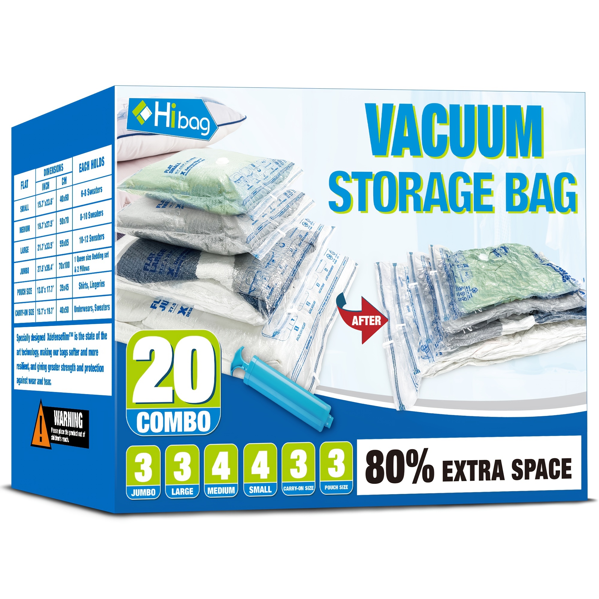 Hibag 15 Pack Vacuum Compression Storage Bags with Hand Pump (3 Small, 3  Medium, 3 Large, 3 Jumbo, 3 Roll Up Bags) 