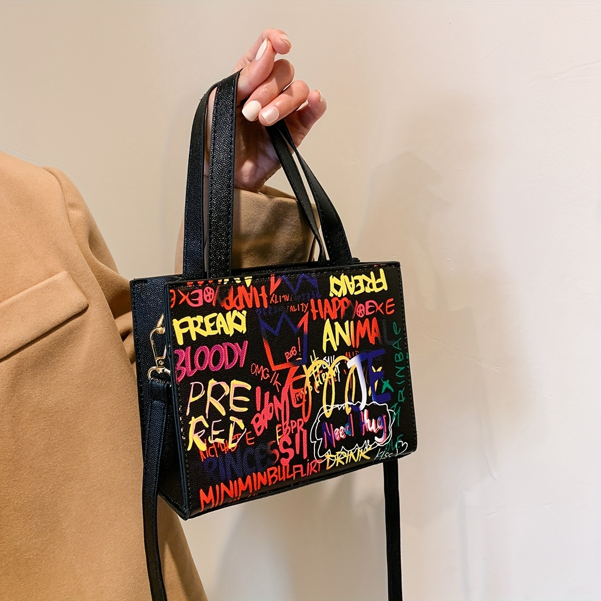 Trendy Graffiti Printed Tote Bag Portable Square Shoulder Bag Perfect Crossbody Bag For Daily Use