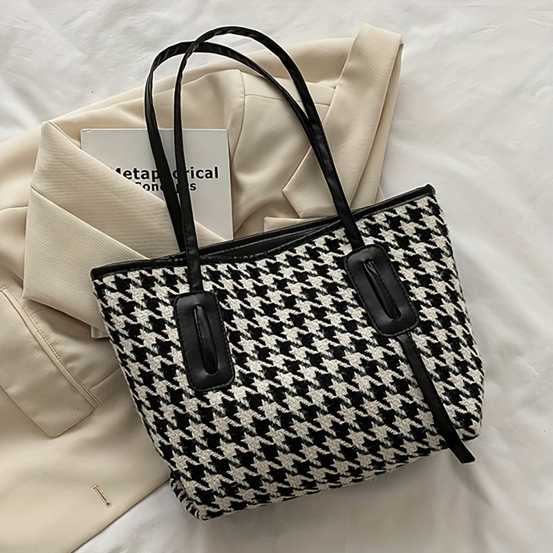 Houndstooth Pattern Linen Tote Bag, Button Decor Handbag, Simple Lunch Box  Bag For Work & School - Temu Japan