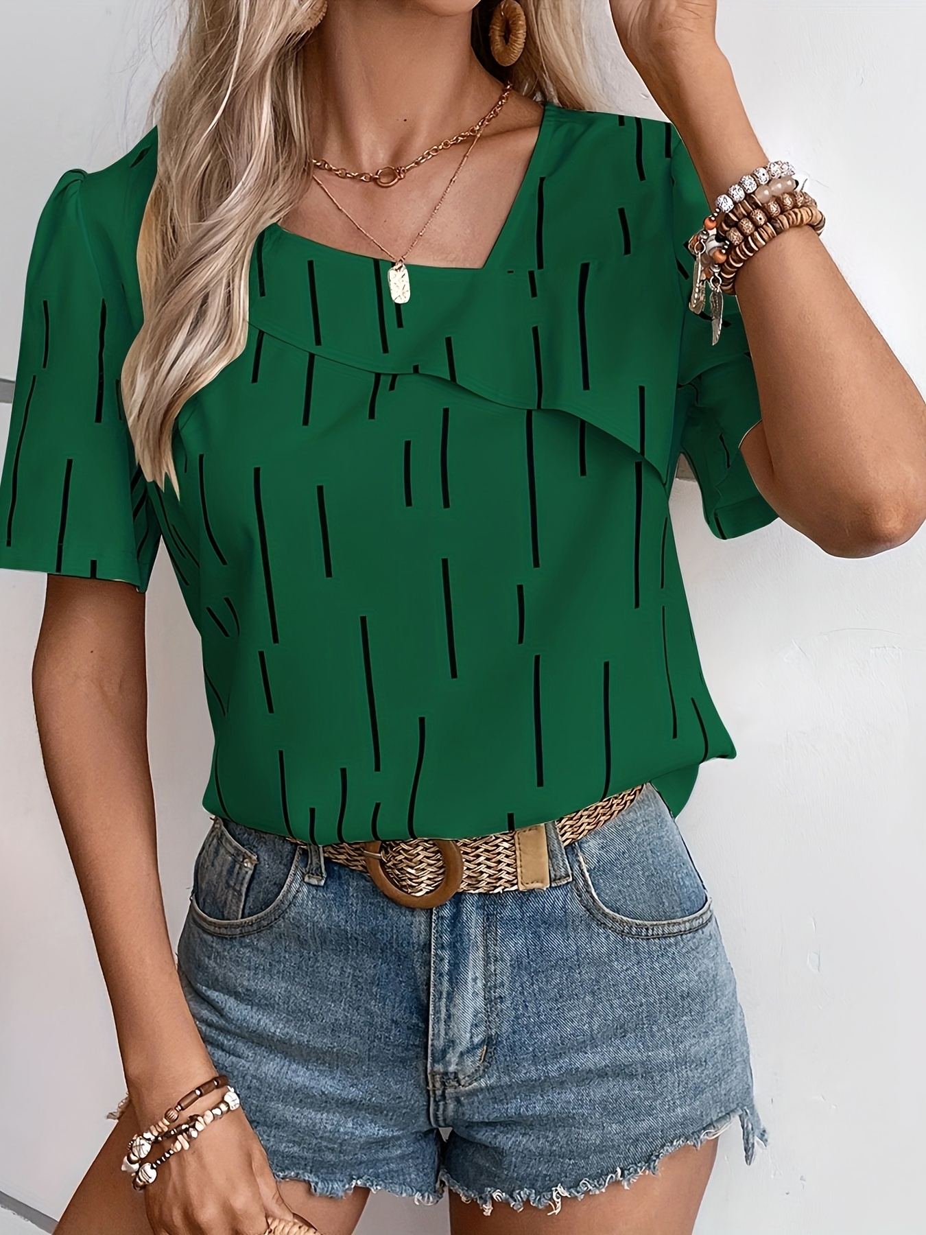 Striped Print Asymmetrical Blouse Elegant Short Sleeve - Temu Canada