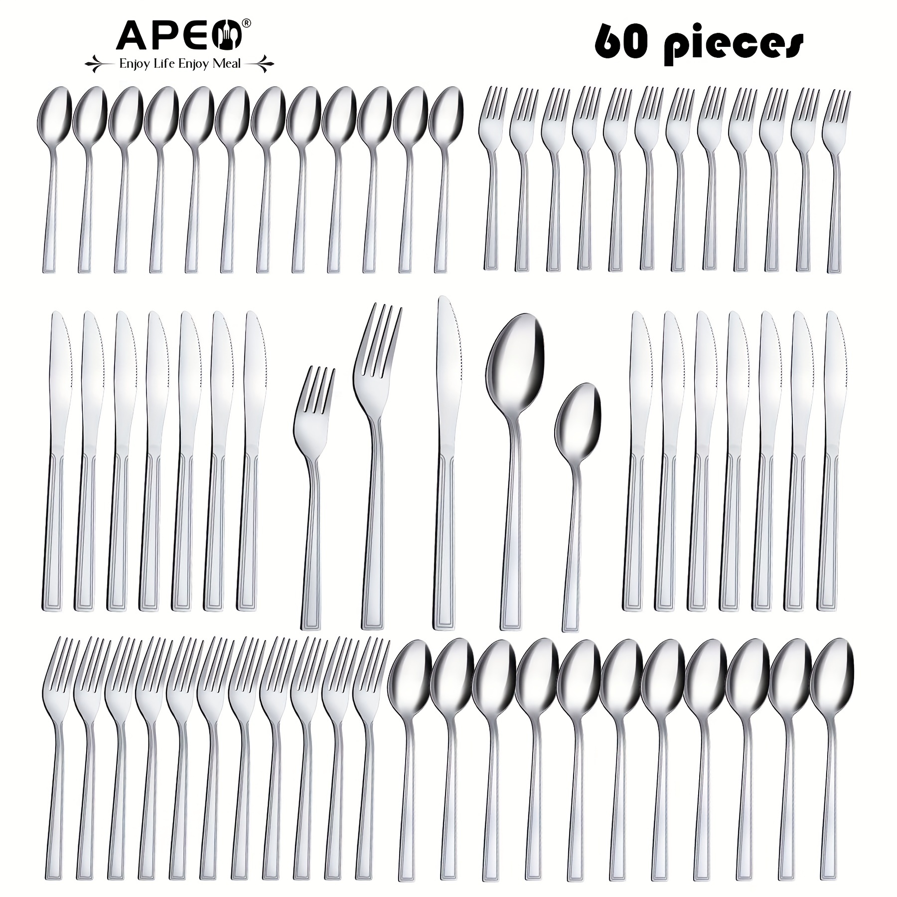 

60pcs Stainless Steel Square Flatware Set, Metal Cutlery Set, Dinner, Restaurant Supplies Including Knife/fork/spoon, Modern Design And Mirror Polished, Dishwasher Safe