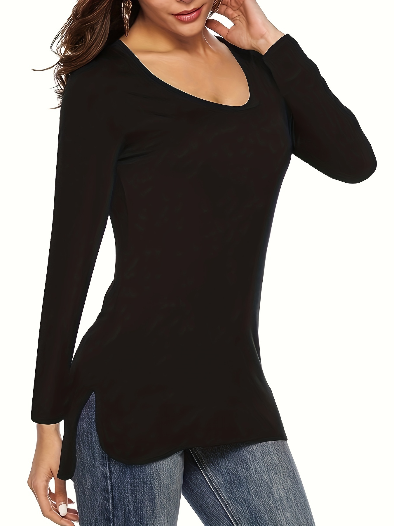 Camiseta negra de manga larga para mujer, para verano, casual, pieza de  malla, color sólido, cuello redondo, holgada, blusa sin mangas (negro, L)