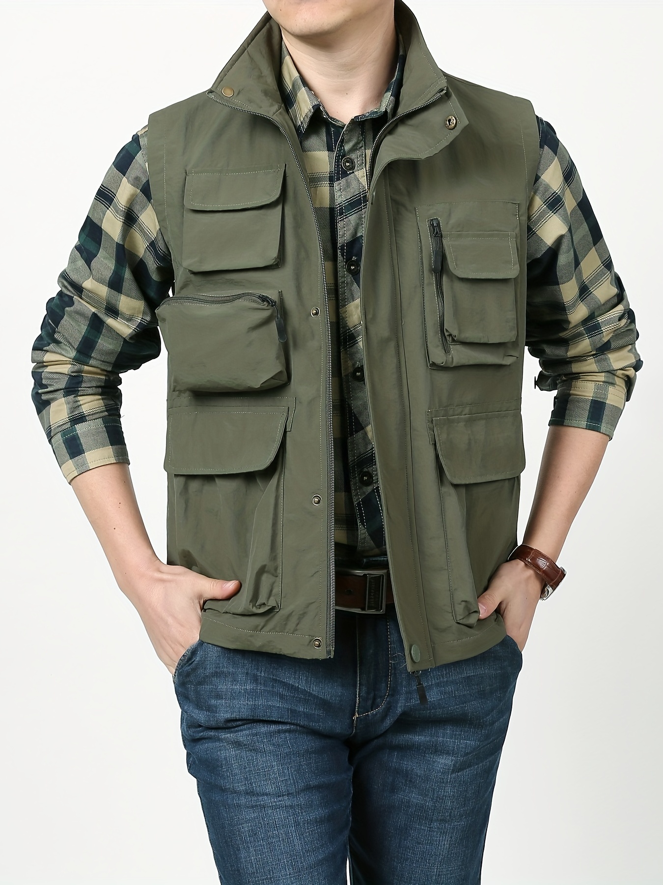 Multi Zipper Pockets Vest, Men's Casual Stand Collar Zip Up Vest for Spring Summer Outdoor Fishing Hiking,Temu