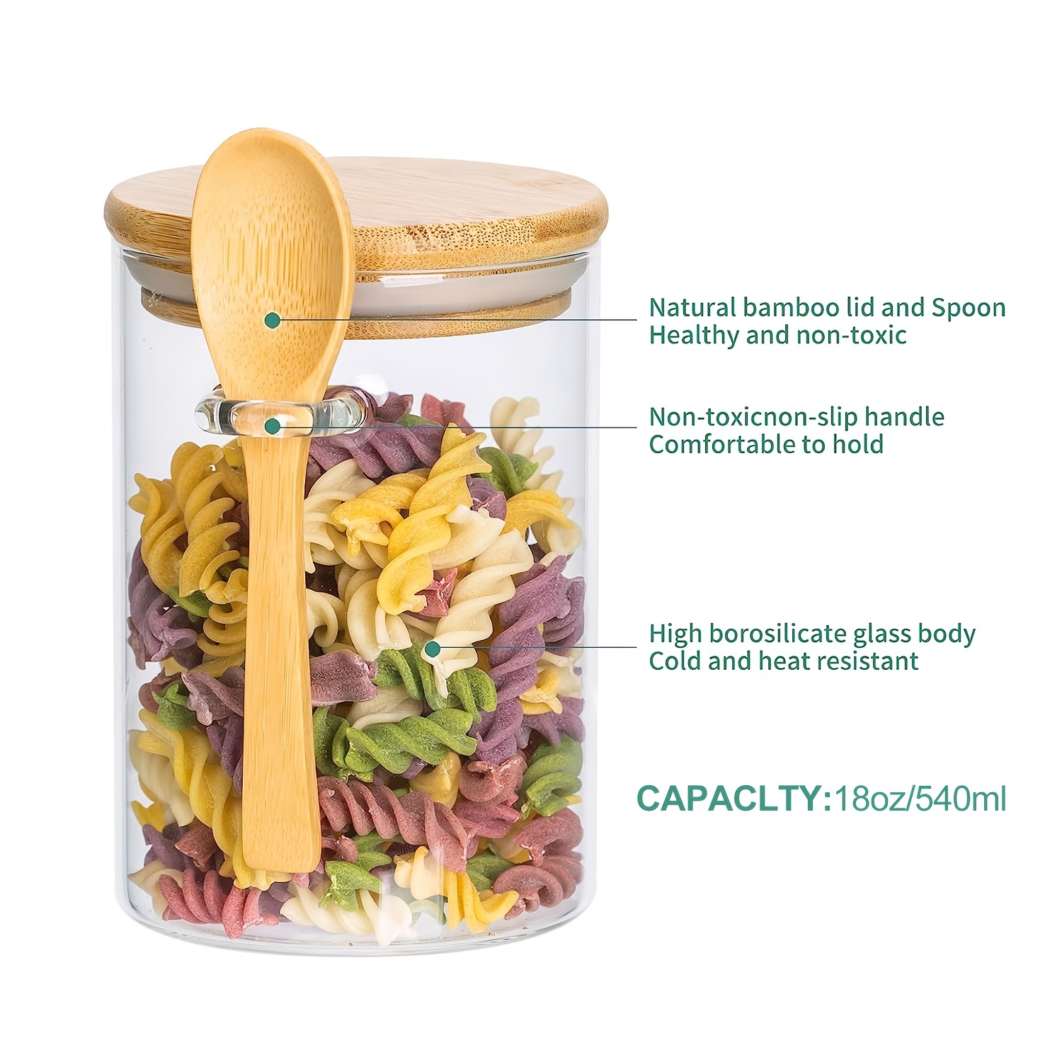 Airtight Glass Jars With Bamboo Spoons & Bamboo Lid, Glass Food