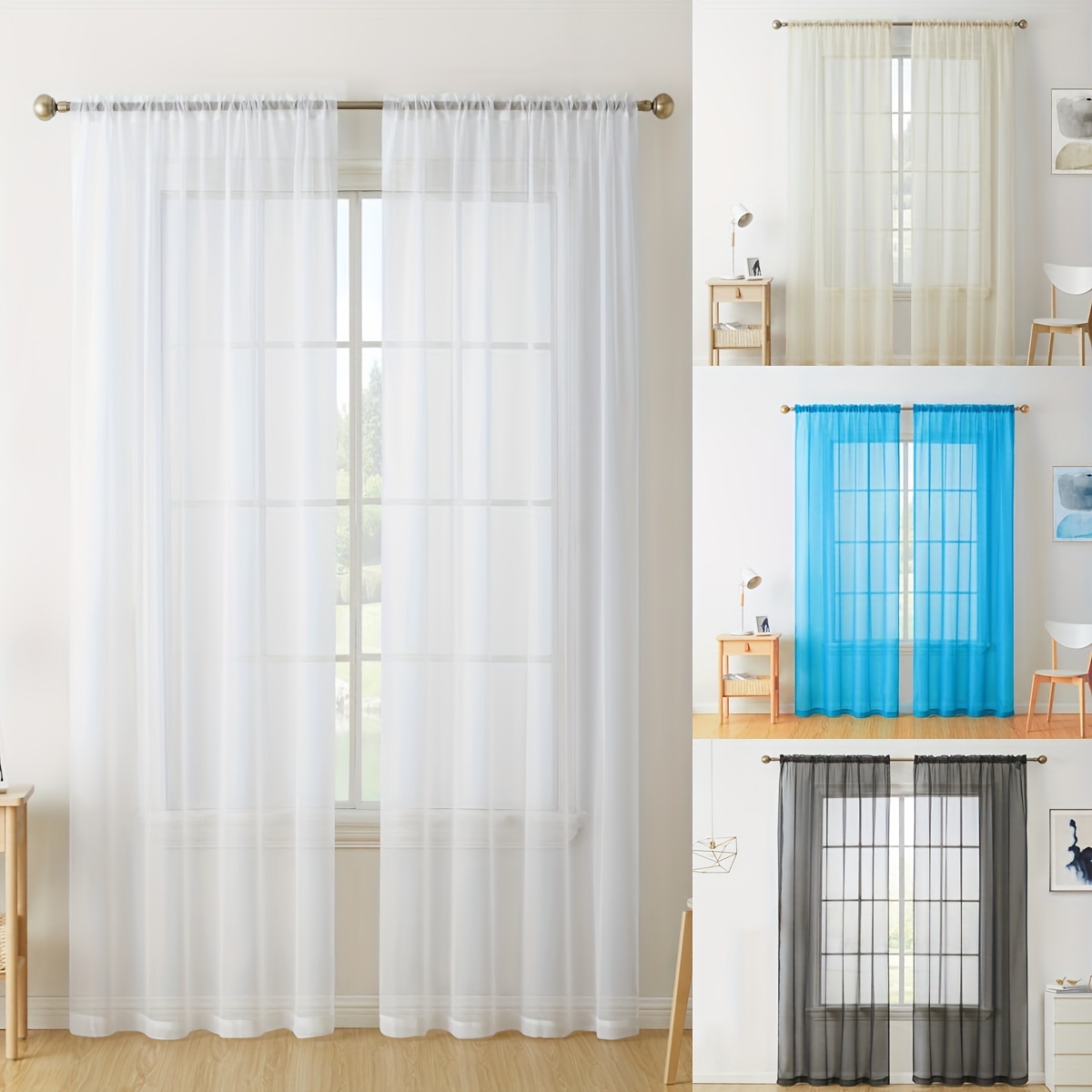 

2pcs Sheer Curtain Voile Window Treatment Rod Pocket Curtain Panels For Kitchen, Bedroom And Living Room Home Decor
