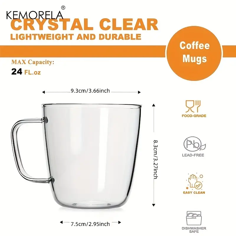 Premium Large Glass Coffee Mug,, Wide Mouth Hot Or Cold Beverage