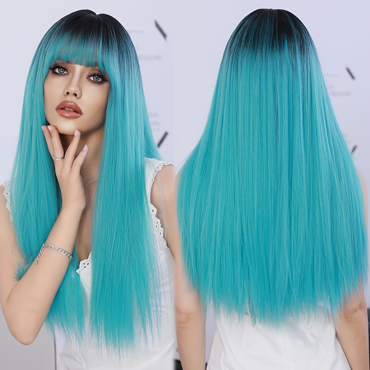 Synthetic Long Straight Black Ombre Light Blue Wig for Women High