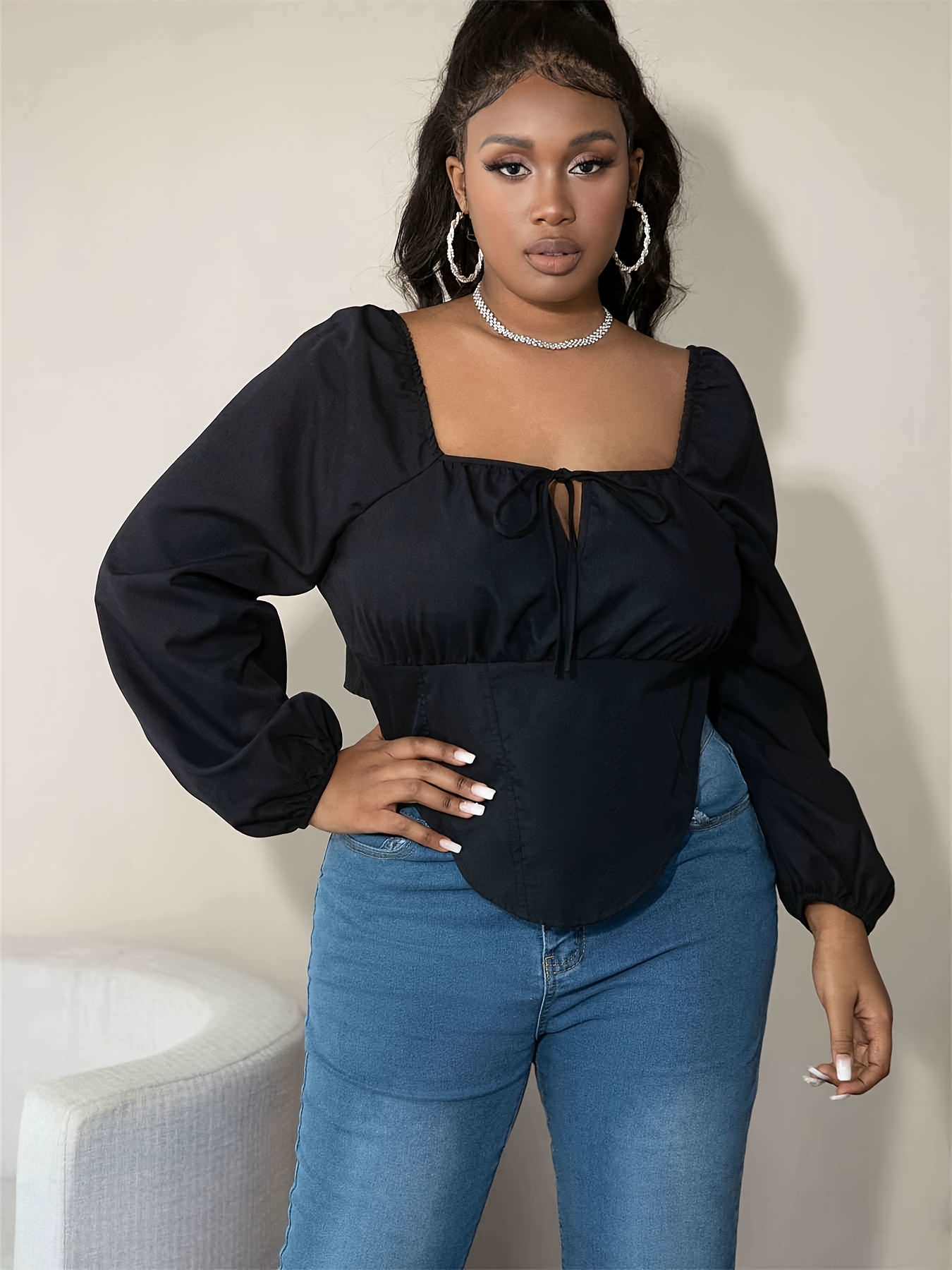 Plus Size - Stretch Lace Off Shoulder Corset Seamed Long Sleeve
