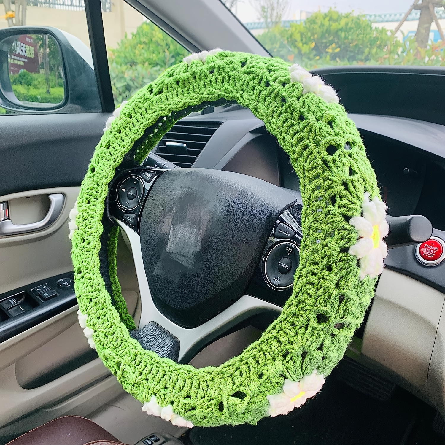 Green Car Accessories Interior Woman Steering Wheel Cover 38cm Bowknot  Flower Winter Auto Decor Plush Luxury